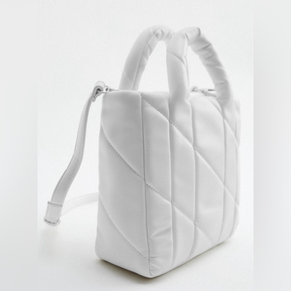 Zara White, Puffed, Quilted Midi Tote Bag